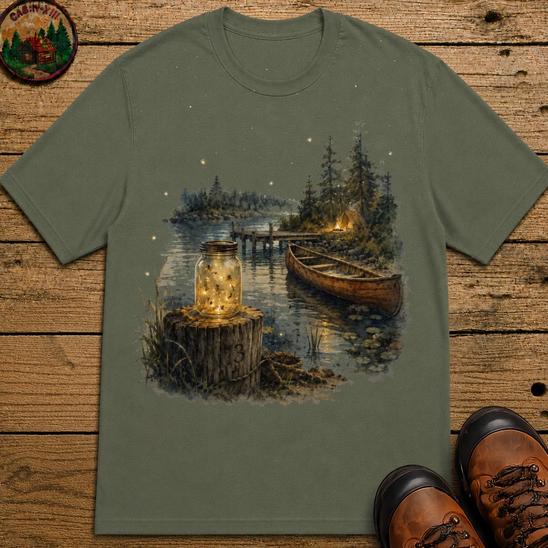 Firefly Mason Jar Lake Camping Shirt — Watercolor Outdoor Tee
