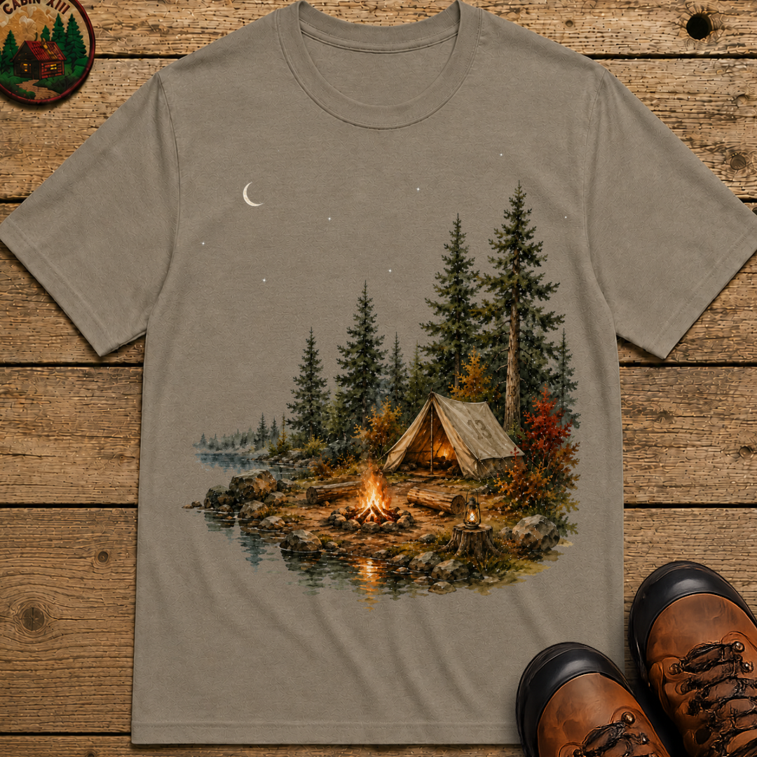 Lakeside Campsite Watercolor Shirt — Vintage Outdoor Camping Tee