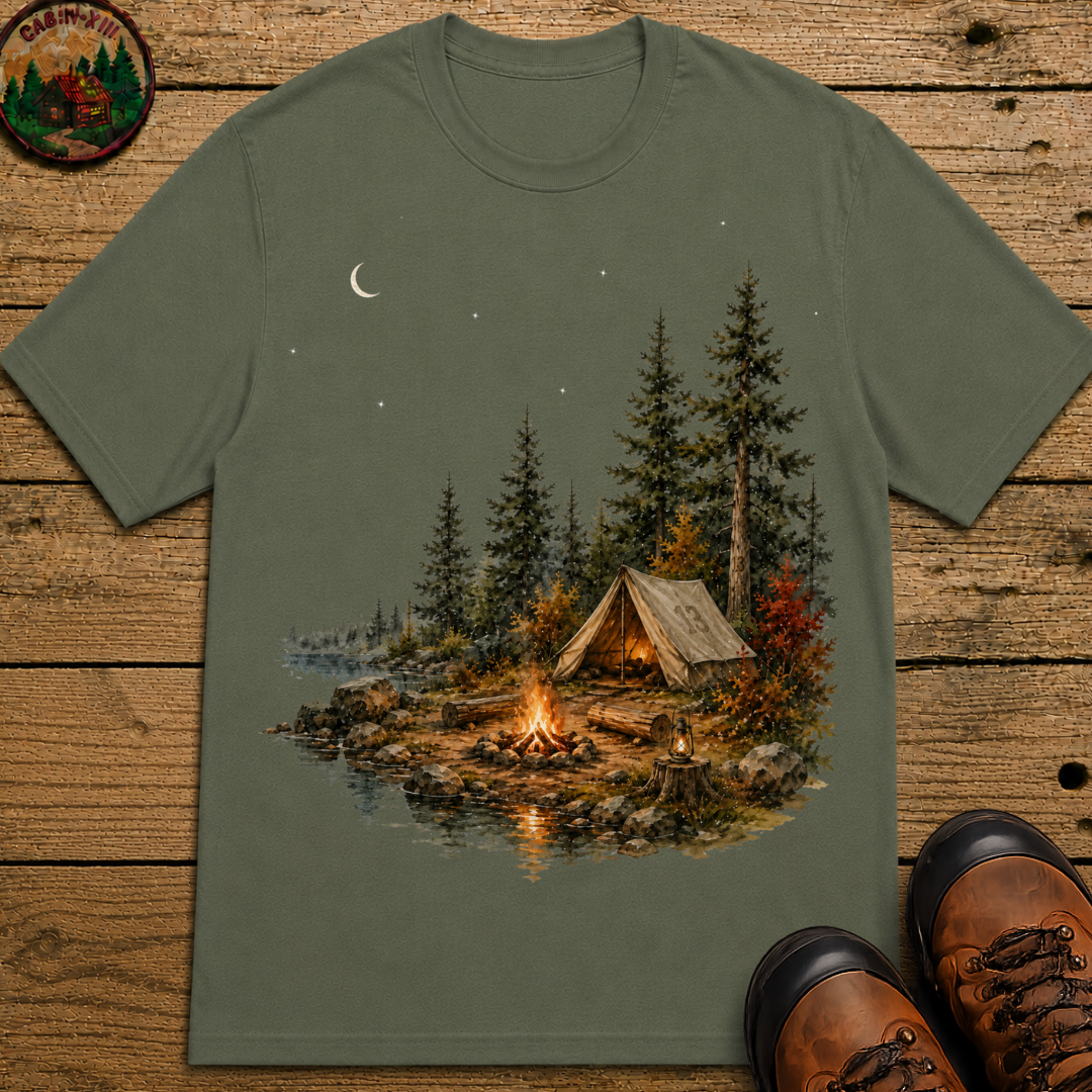 Lakeside Campsite Watercolor Shirt — Vintage Outdoor Camping Tee