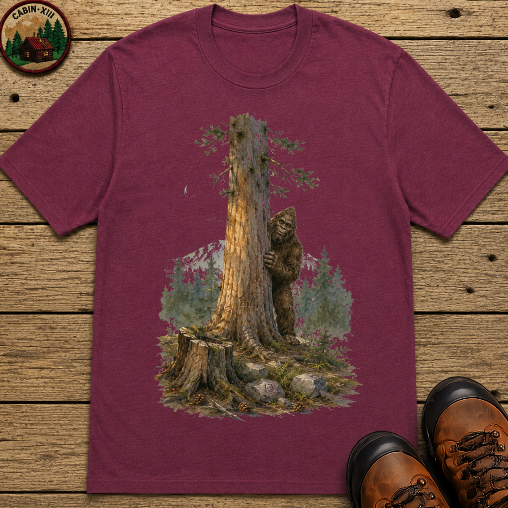 Bigfoot Hiding Behind a Tree Shirt — Watercolor Sasquatch Outdoor Tee
