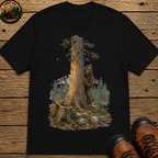 Bigfoot Hiding Behind a Tree Shirt — Watercolor Sasquatch Outdoor Tee