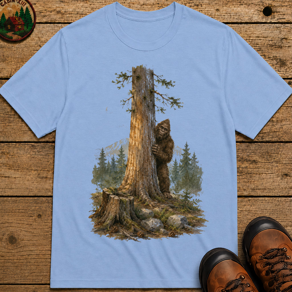 Bigfoot Hiding Behind a Tree Shirt — Watercolor Sasquatch Outdoor Tee