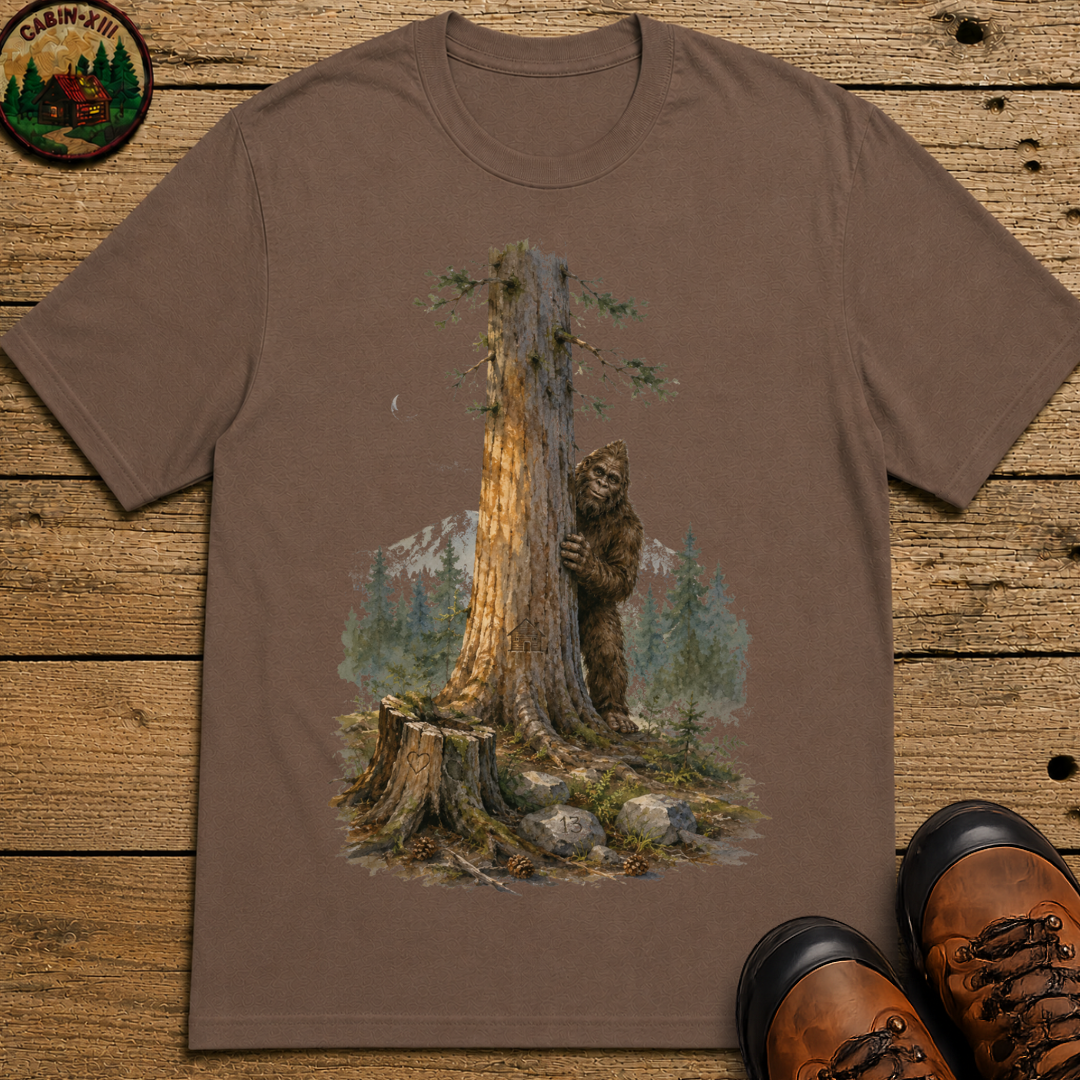 Bigfoot Hiding Behind a Tree Shirt — Watercolor Sasquatch Outdoor Tee