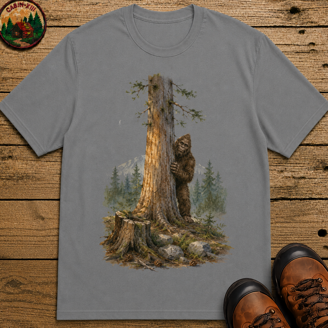 Bigfoot Hiding Behind a Tree Shirt — Watercolor Sasquatch Outdoor Tee