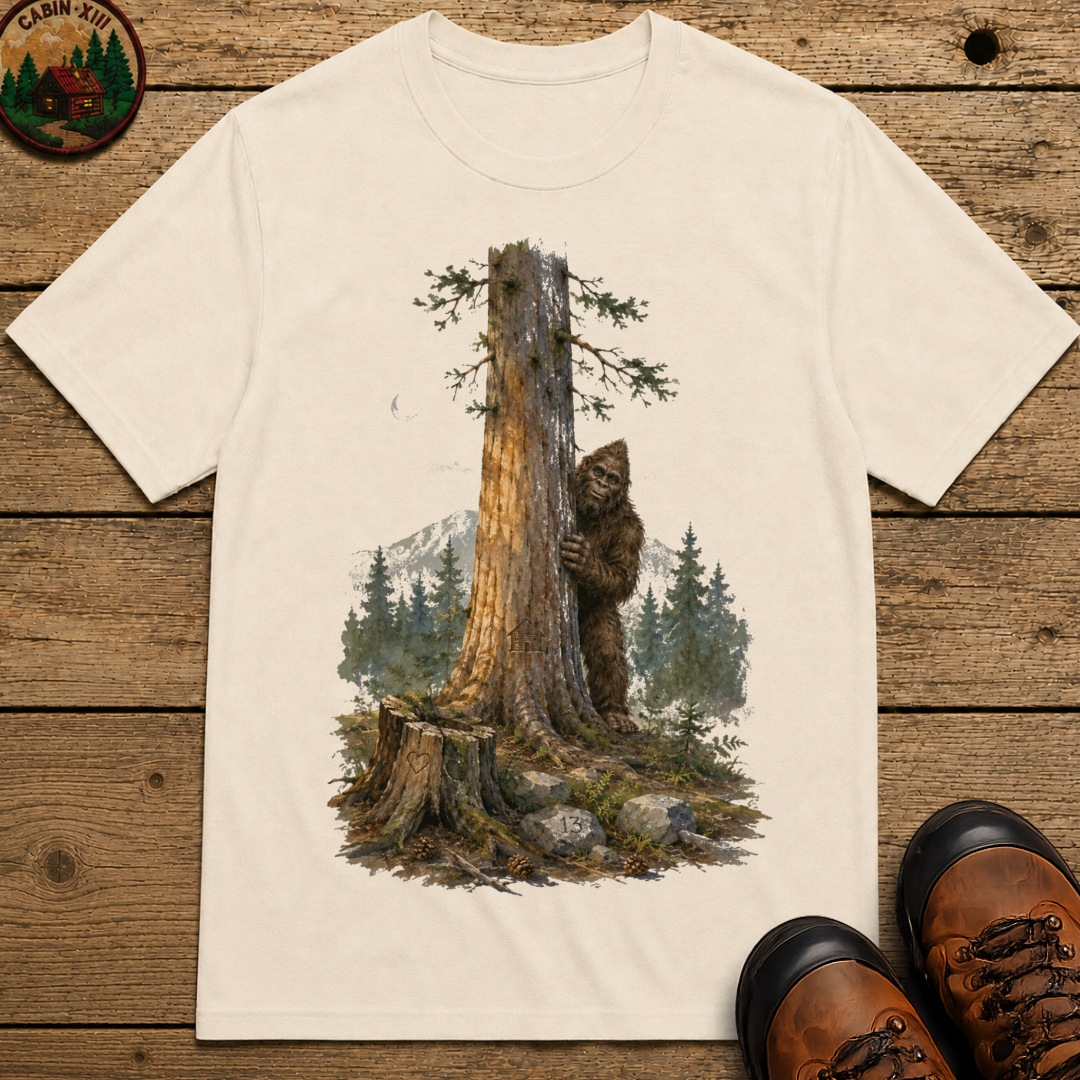 Bigfoot Hiding Behind a Tree Shirt — Watercolor Sasquatch Outdoor Tee