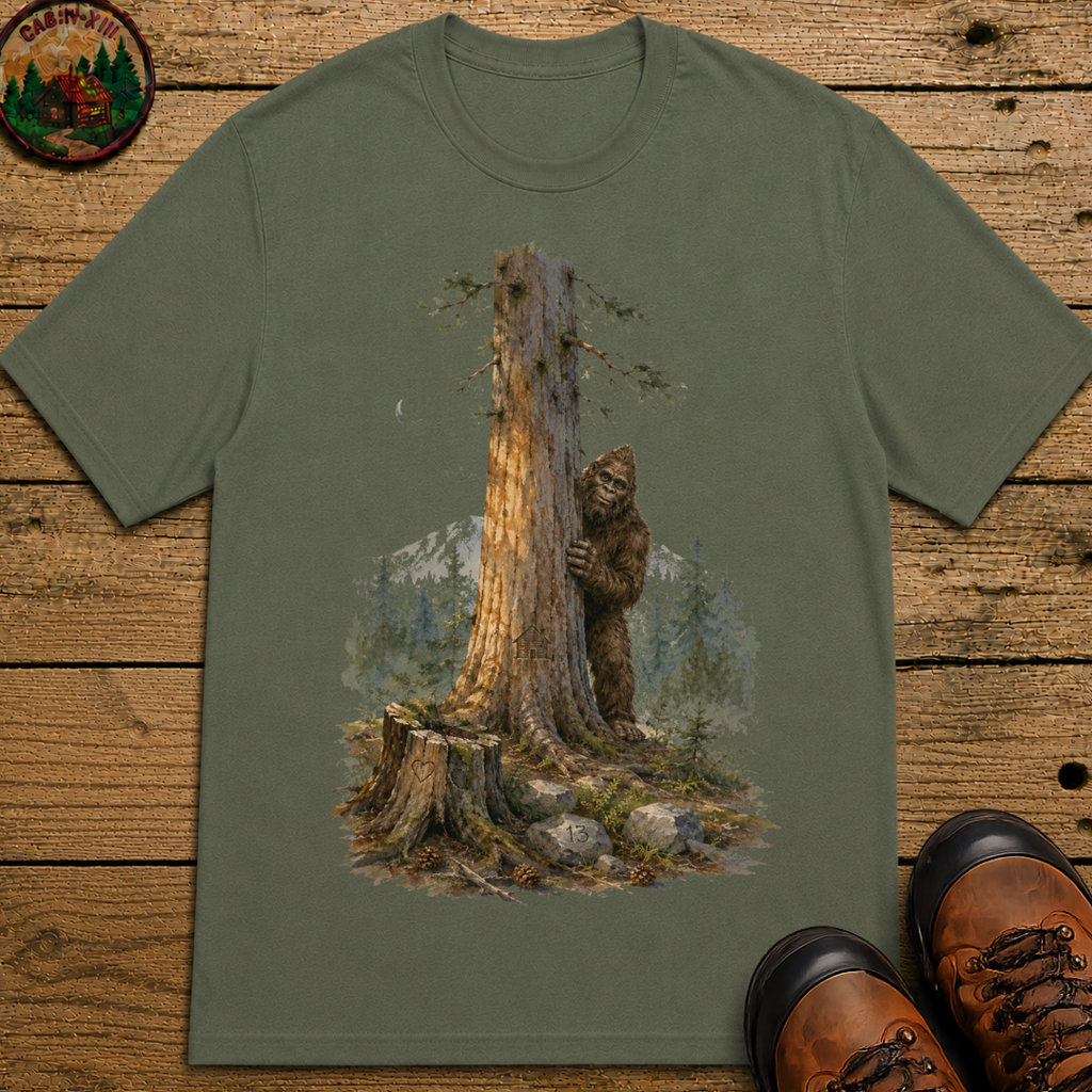 Bigfoot Hiding Behind a Tree Shirt — Watercolor Sasquatch Outdoor Tee