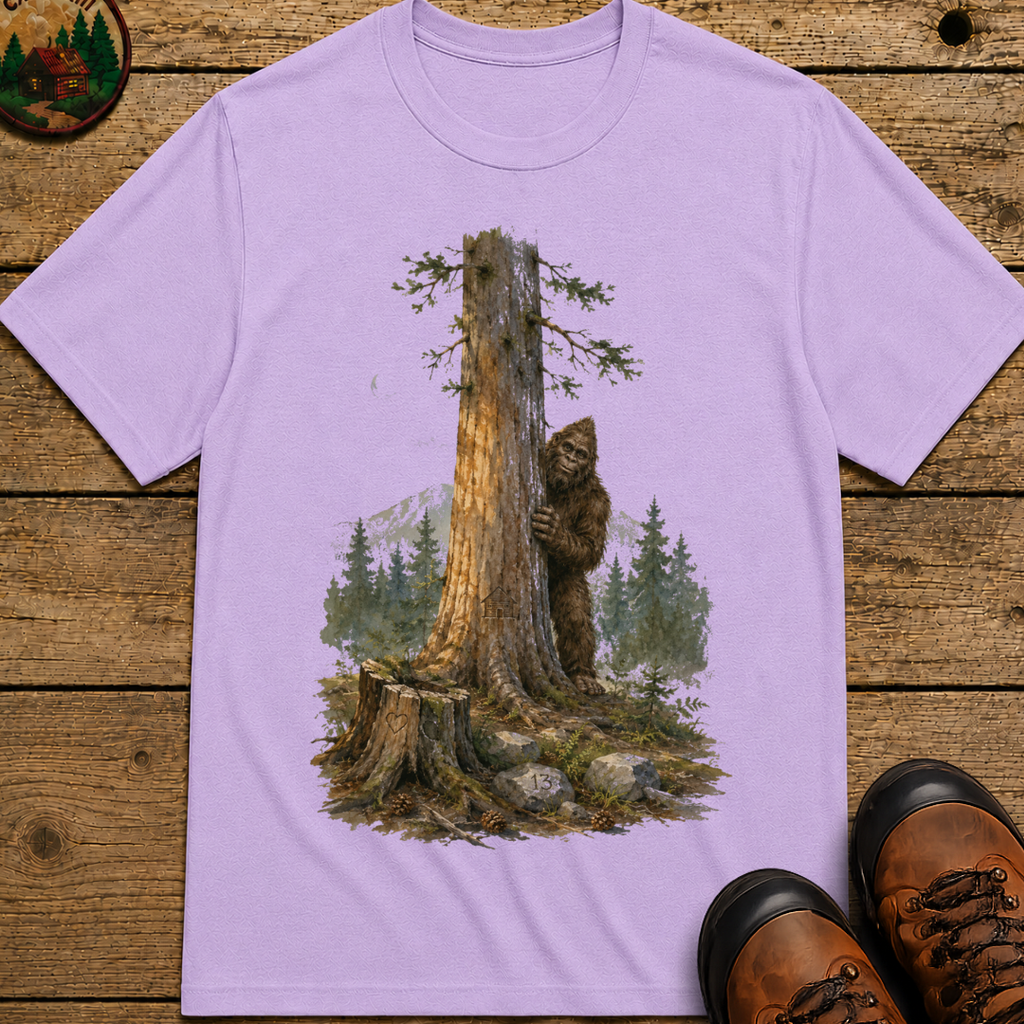 Bigfoot Hiding Behind a Tree Shirt — Watercolor Sasquatch Outdoor Tee