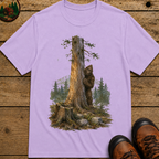 Bigfoot Hiding Behind a Tree Shirt — Watercolor Sasquatch Outdoor Tee
