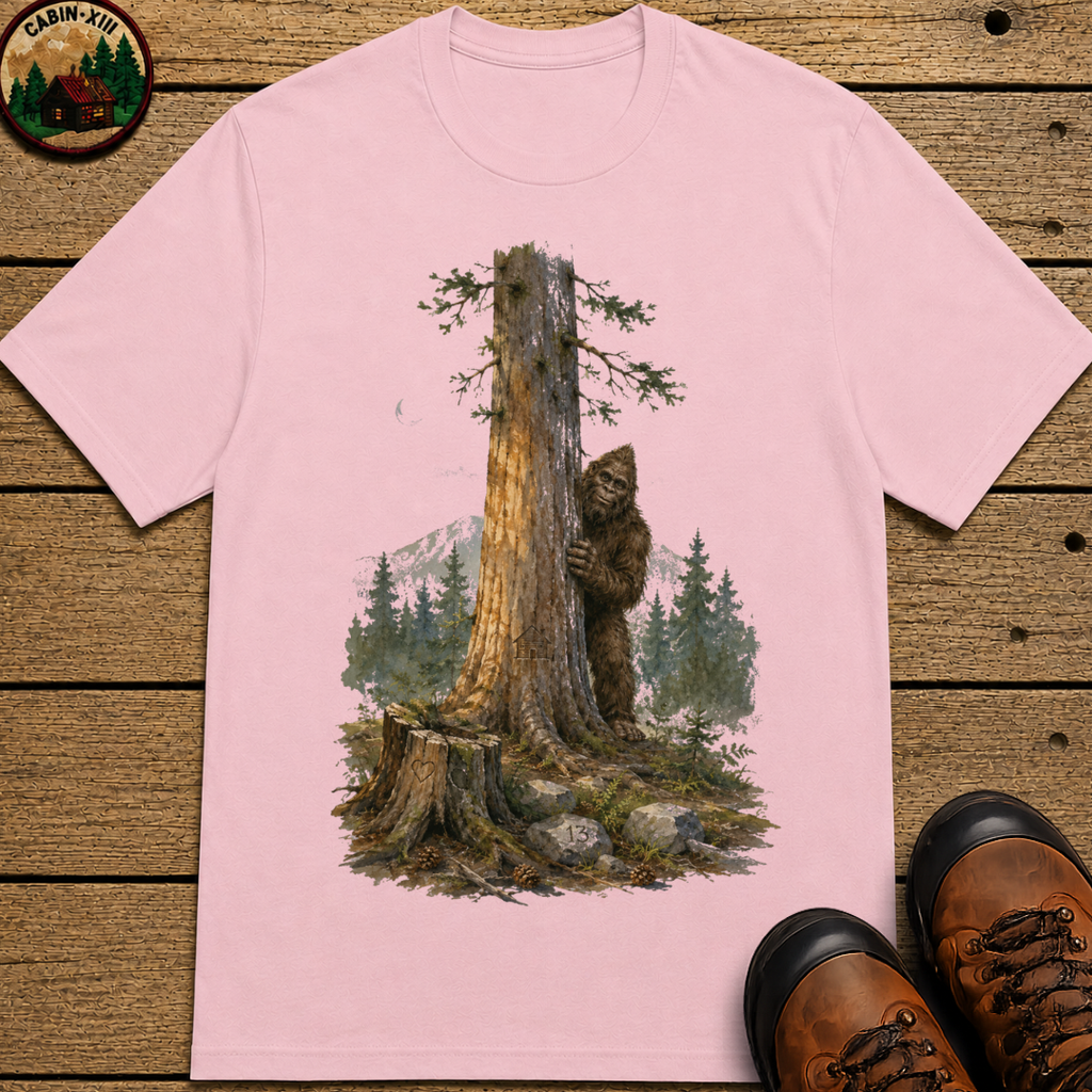 Bigfoot Hiding Behind a Tree Shirt — Watercolor Sasquatch Outdoor Tee