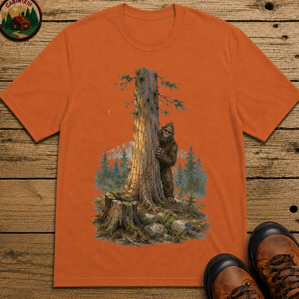 Bigfoot Hiding Behind a Tree Shirt — Watercolor Sasquatch Outdoor Tee