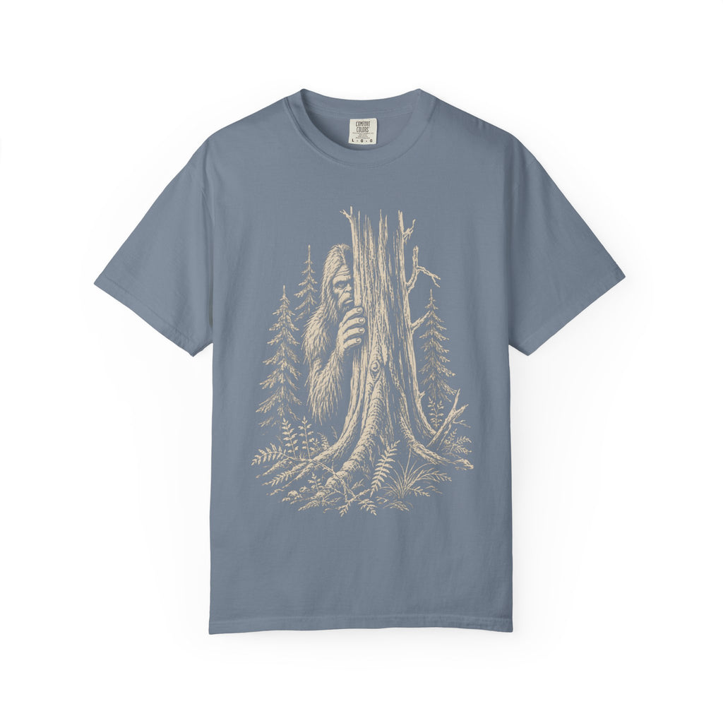 Bigfoot Hiding — Vintage Sasquatch Forest Sketch Tee