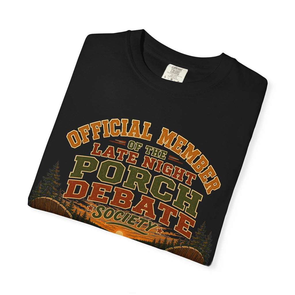 Late Night Porch Debate Society — Funny Lake Cabin Camping Tee