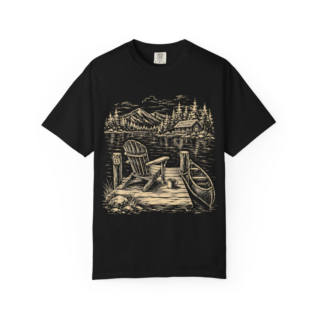 Lakeside Dock — Vintage Lake Cabin and Canoe Sketch Tee