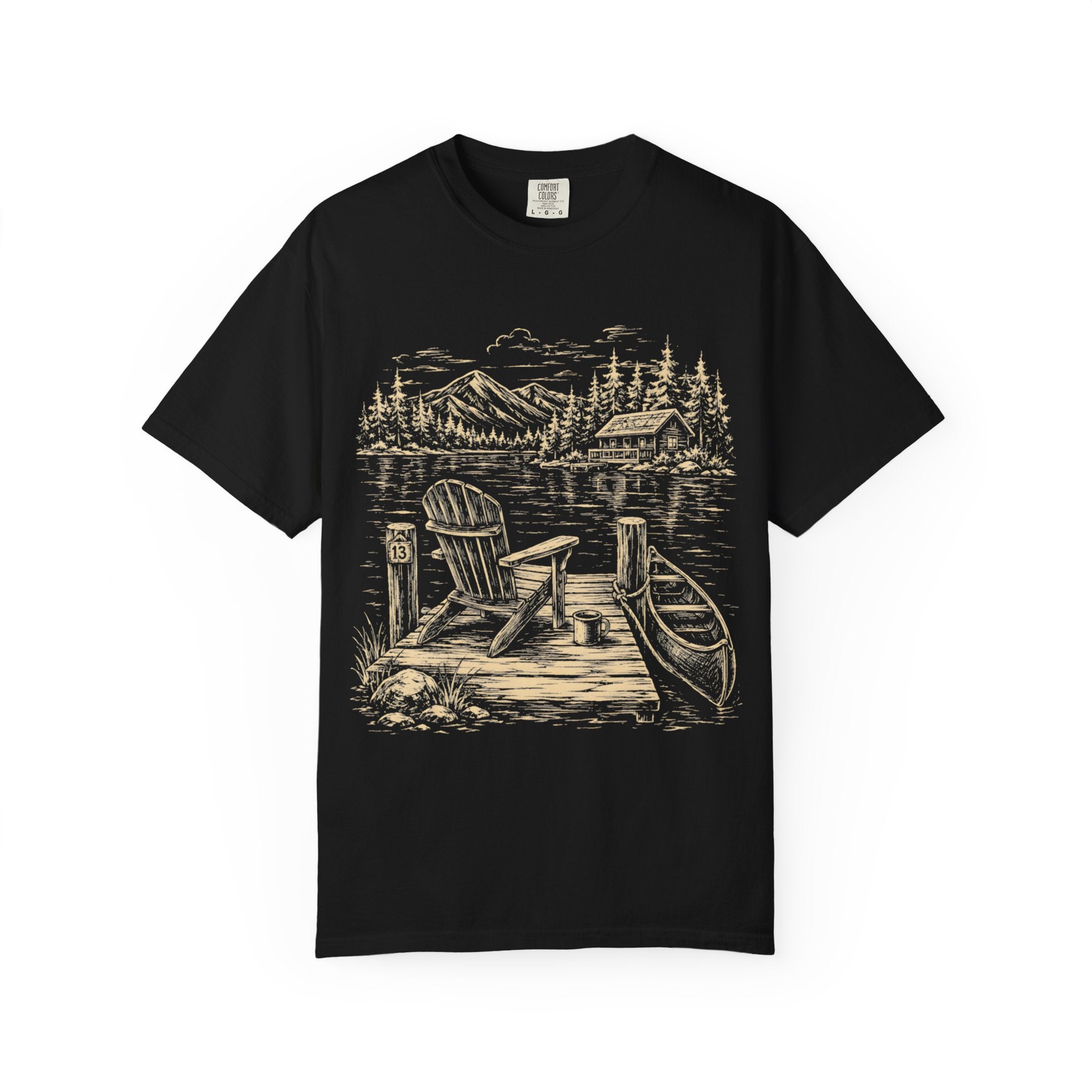 Lakeside Dock — Vintage Lake Cabin and Canoe Sketch Tee