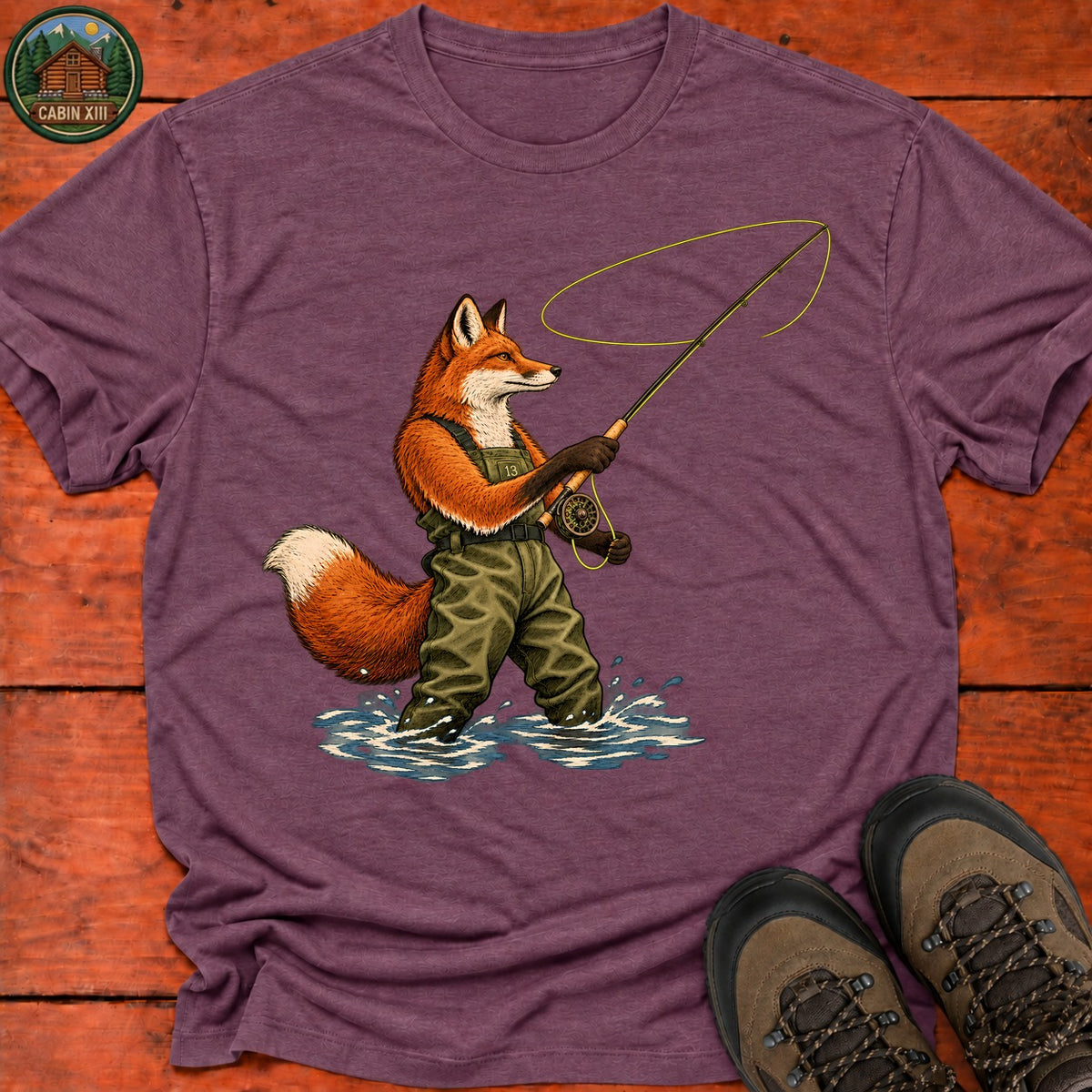 Fox In Waders T-Shirt — Heather Maroon