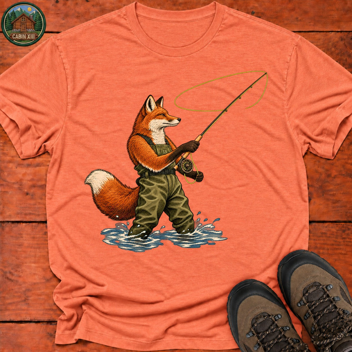 Fox In Waders T-Shirt — Heather Orange