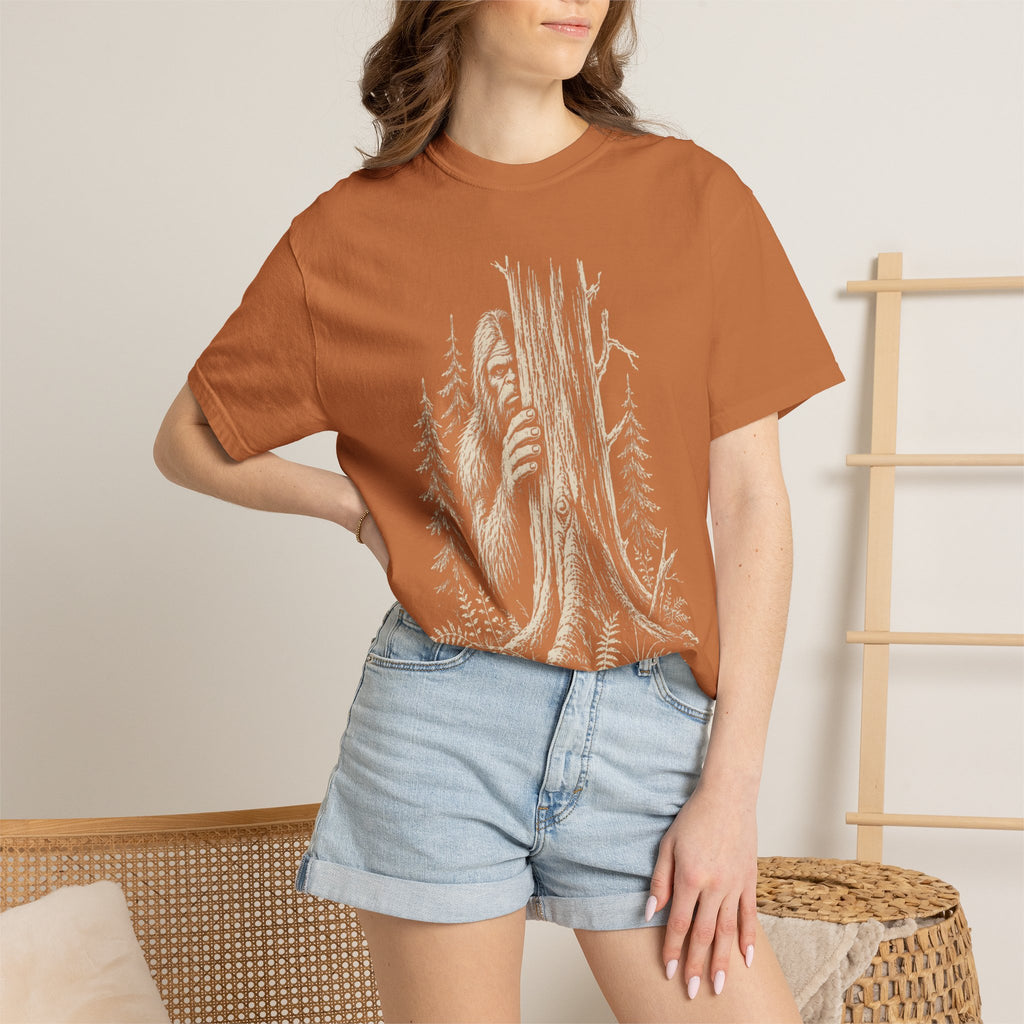 Bigfoot Hiding — Vintage Sasquatch Forest Sketch Tee
