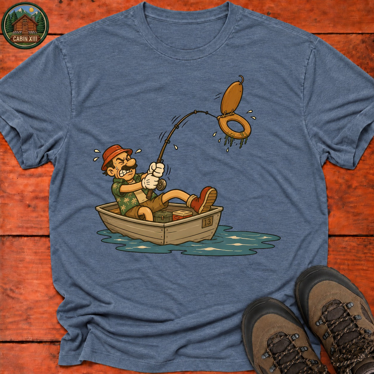 Toilet Seat Fisherman T-Shirt — Heather Indigo