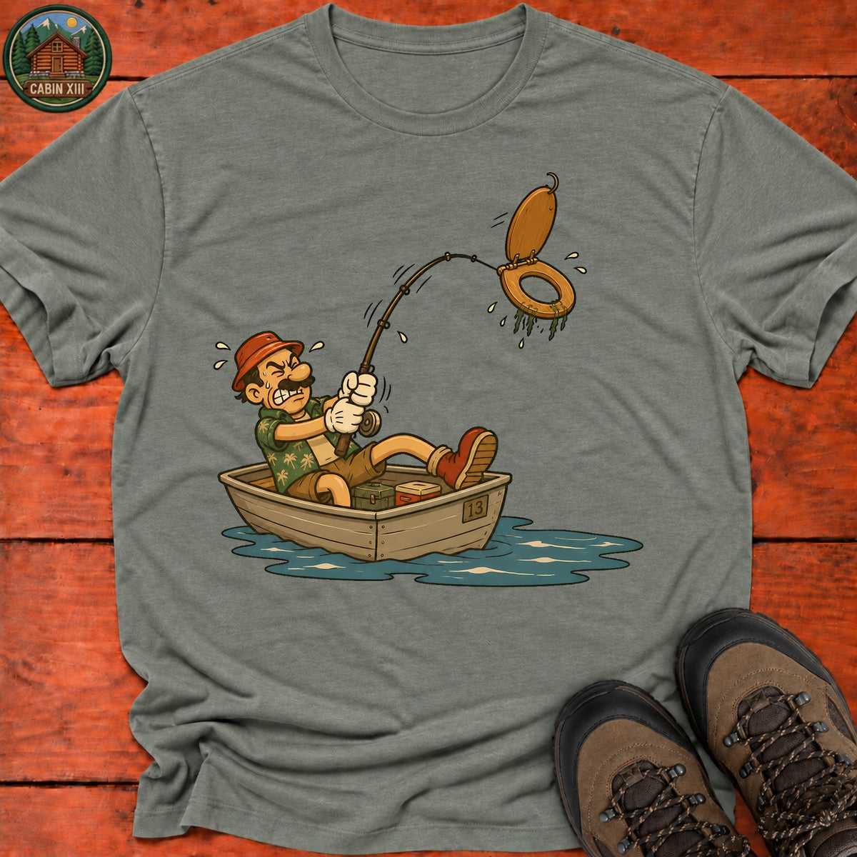 Toilet Seat Fisherman T-Shirt — Heather Military Green