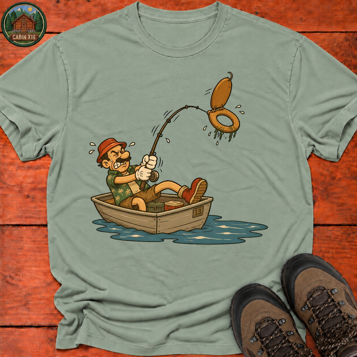 Toilet Seat Fisherman T-Shirt — Sage