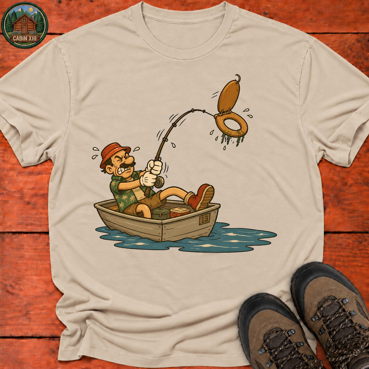 Toilet Seat Fisherman T-Shirt — Sand
