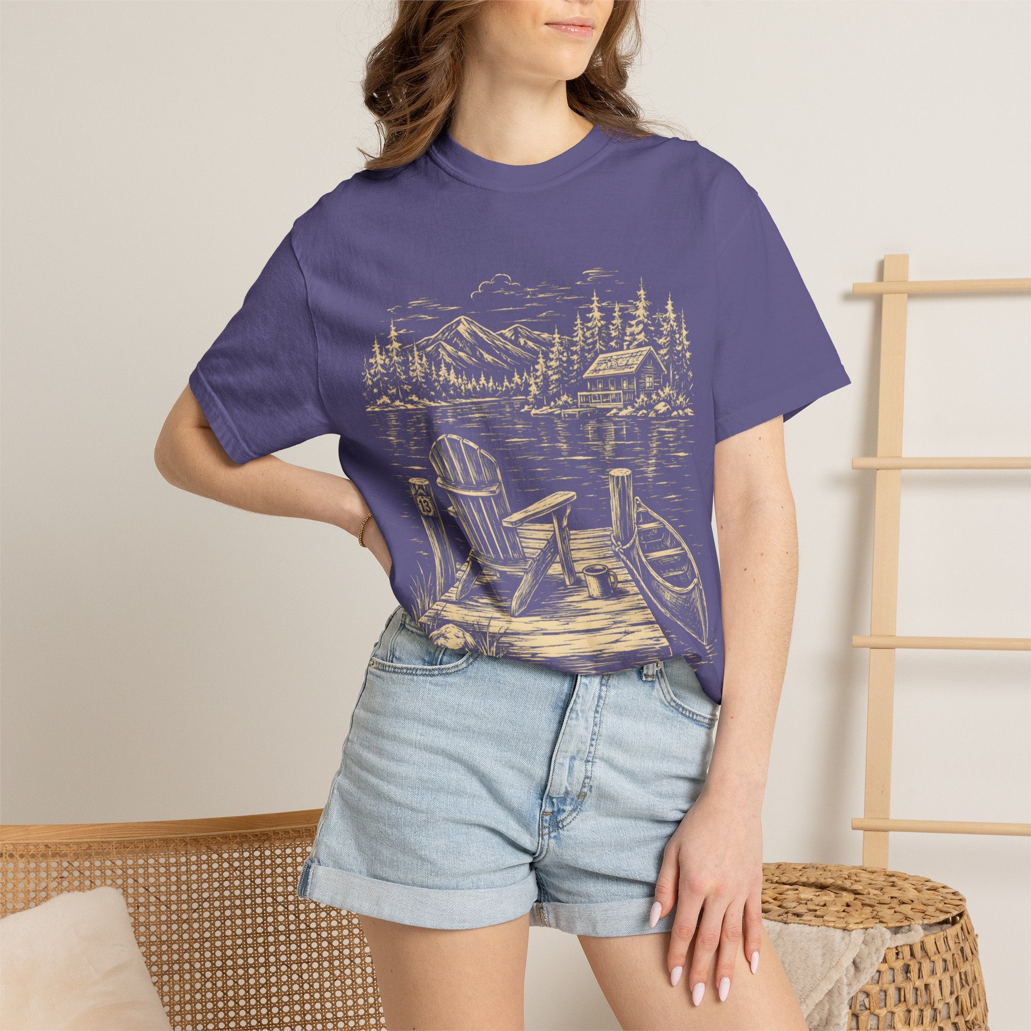 Lakeside Dock — Vintage Lake Cabin and Canoe Sketch Tee