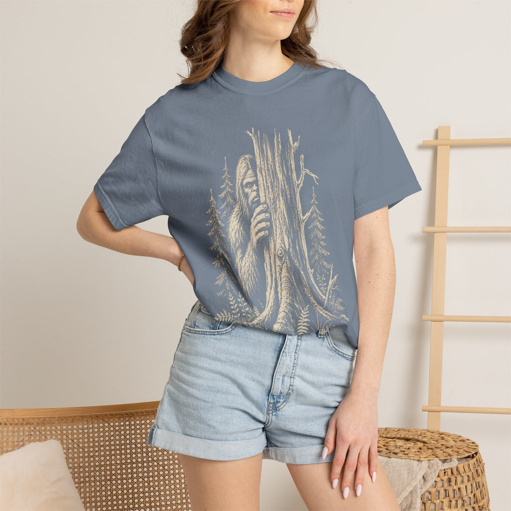 Bigfoot Hiding — Vintage Sasquatch Forest Sketch Tee