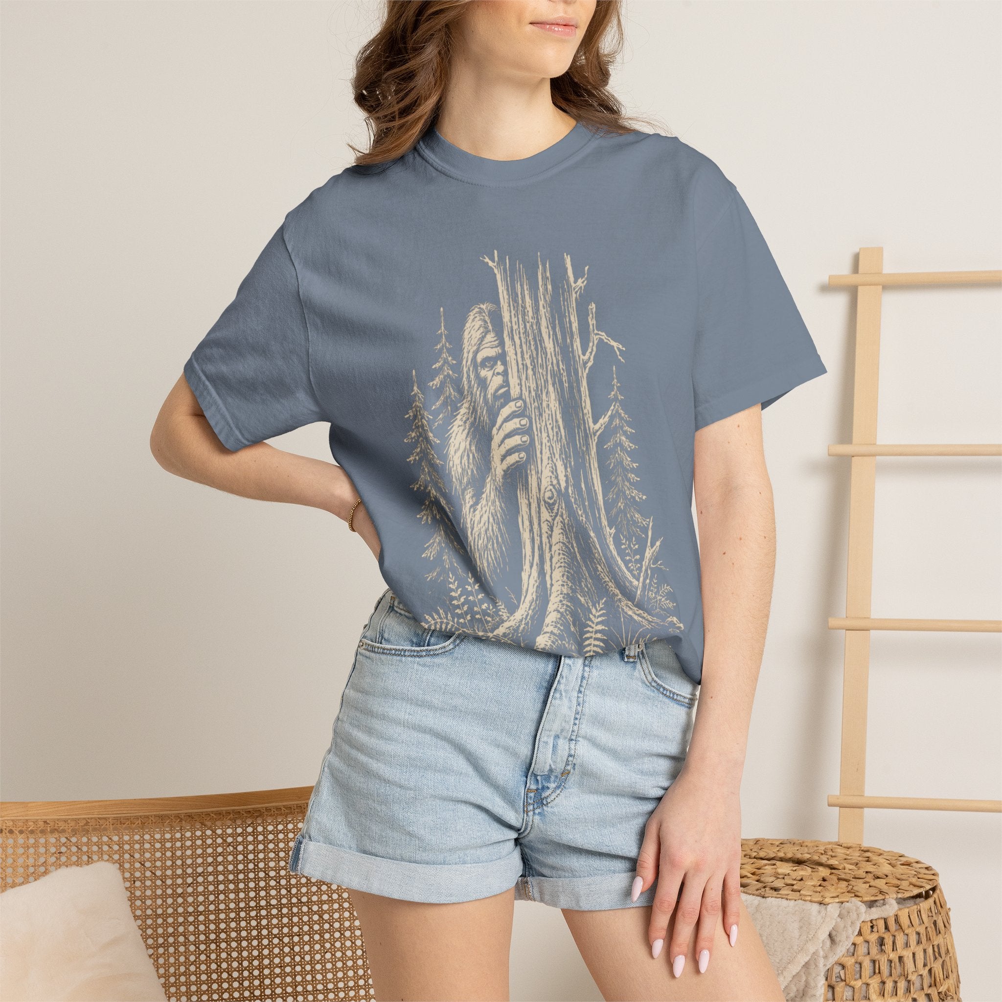 Bigfoot Hiding — Vintage Sasquatch Forest Sketch Tee