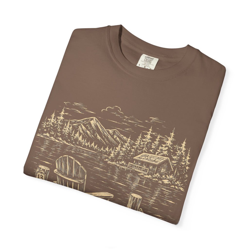 Lakeside Dock — Vintage Lake Cabin and Canoe Sketch Tee