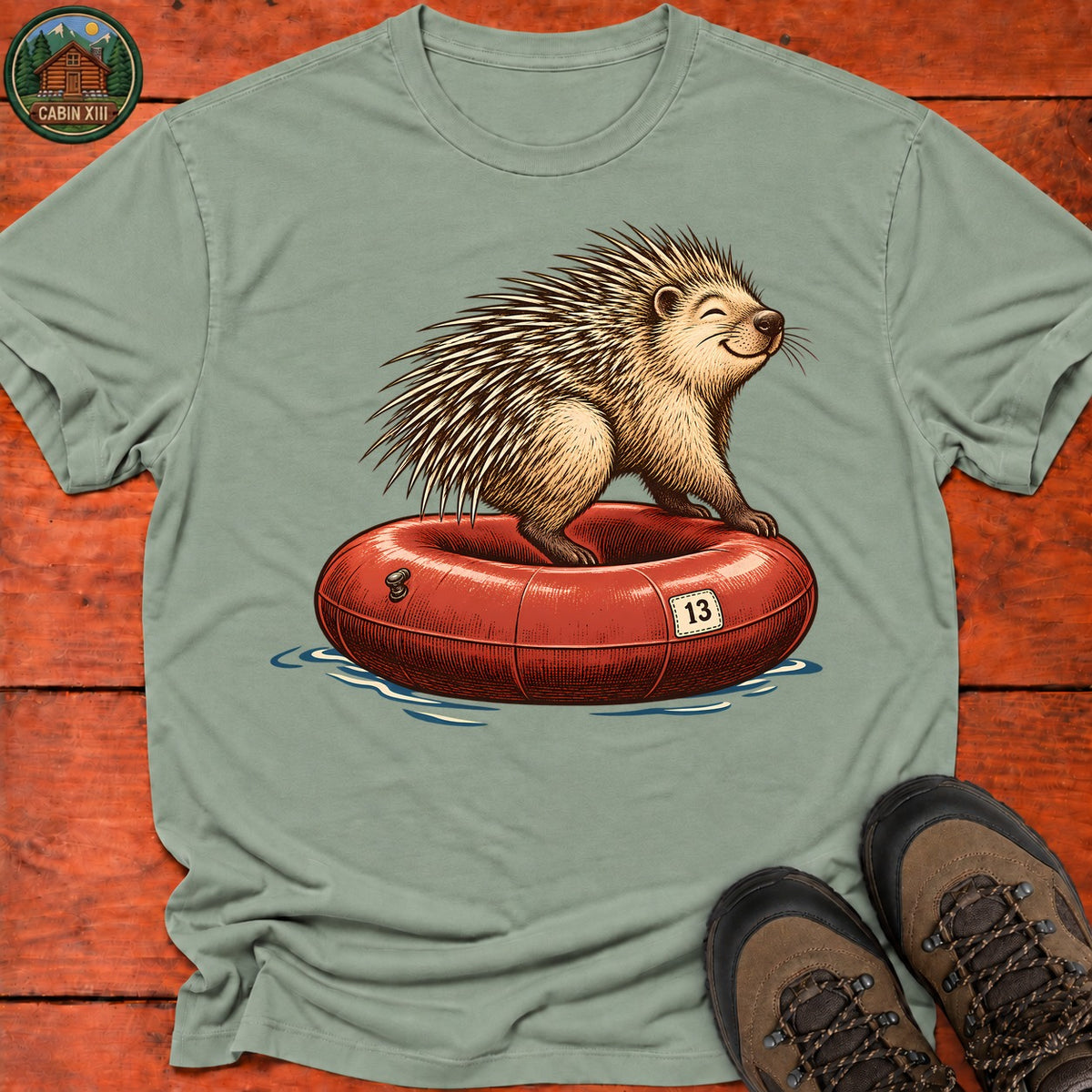 Porcupine And Innertube T-Shirt — Sage