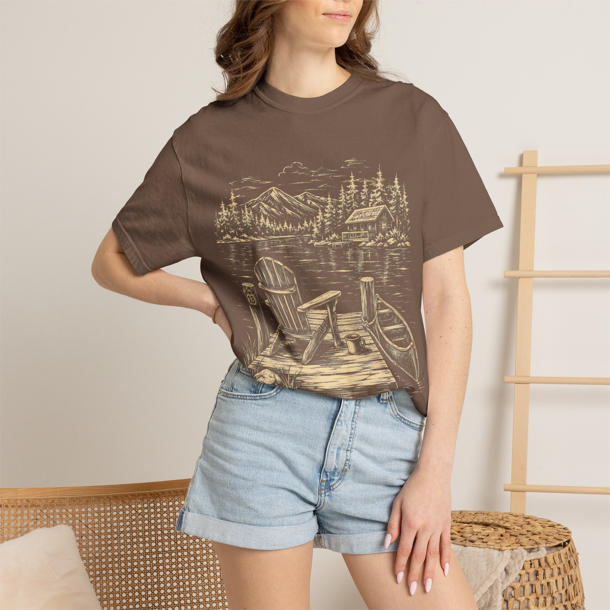 Lakeside Dock — Vintage Lake Cabin and Canoe Sketch Tee