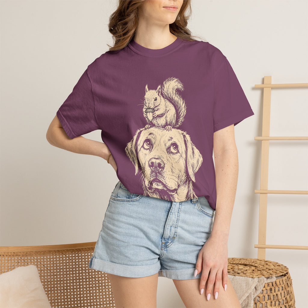 Dog and Squirrel — Vintage Sketch Outdoor Dog Tee