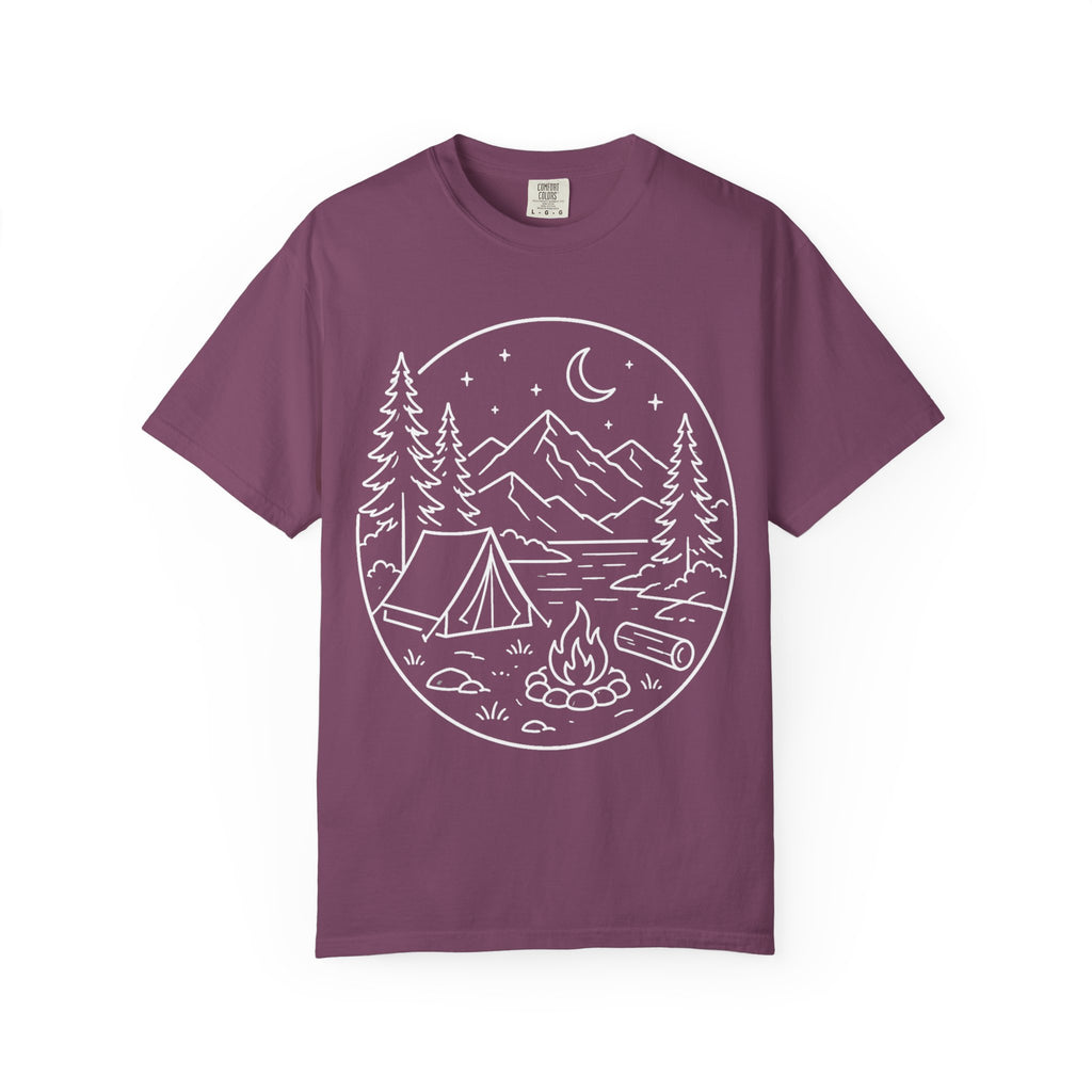Mountain Campsite Night Scene Shirt — Cream Ink Camping Tee