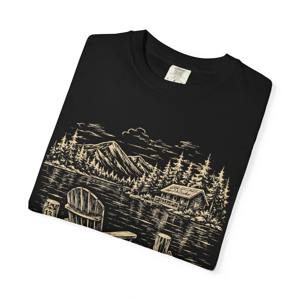 Lakeside Dock — Vintage Lake Cabin and Canoe Sketch Tee