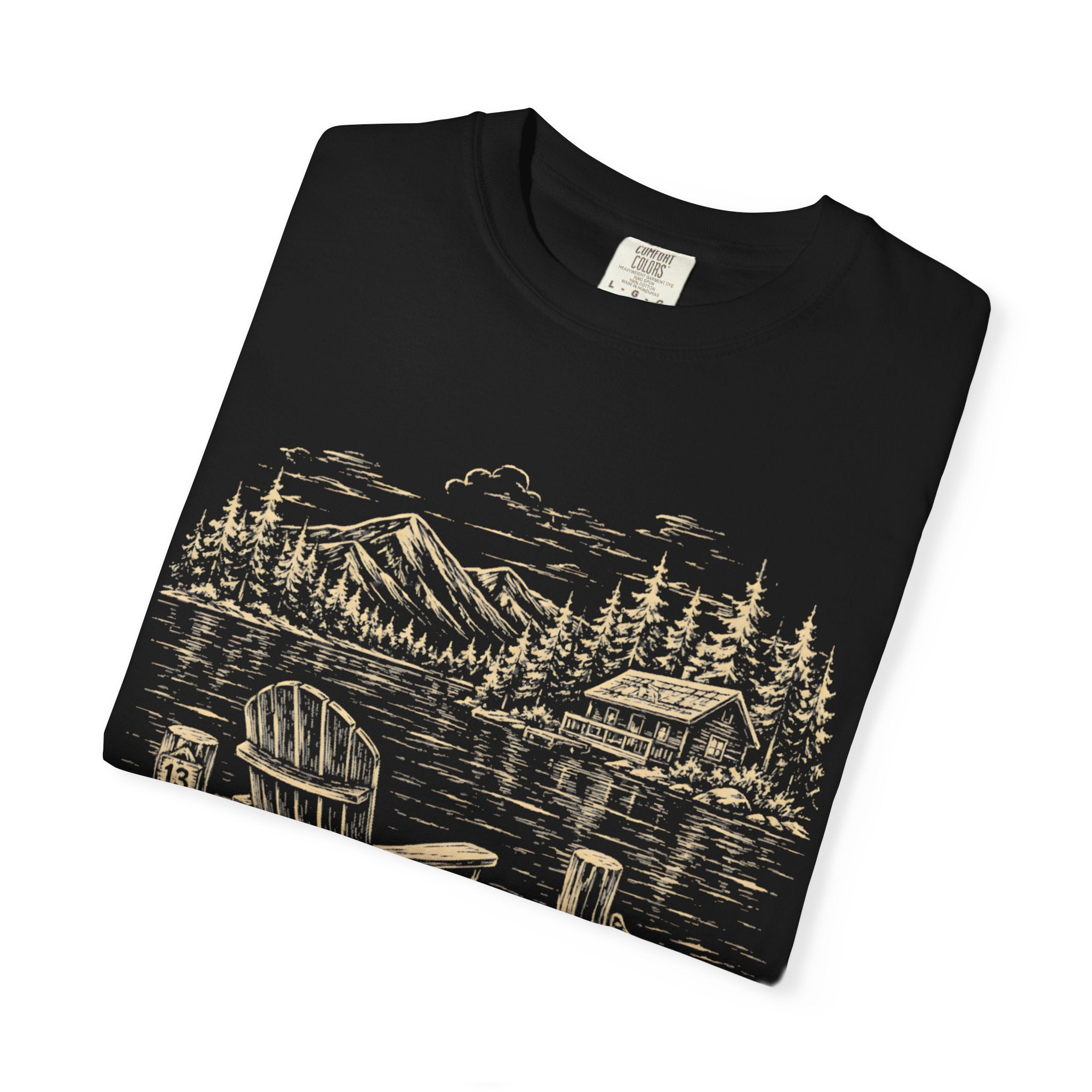 Lakeside Dock — Vintage Lake Cabin and Canoe Sketch Tee