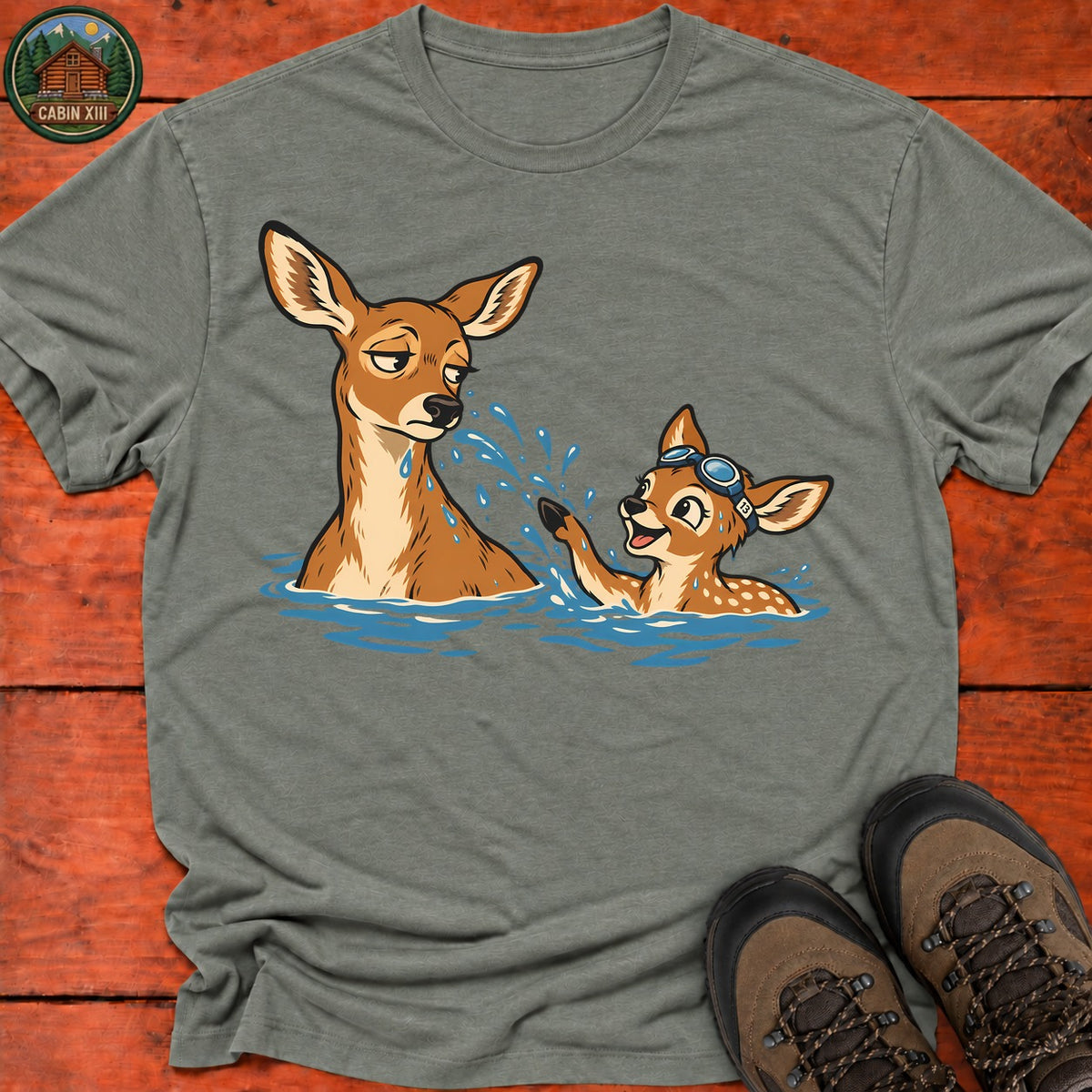 Swimming Deer T-Shirt — Heather Military Green