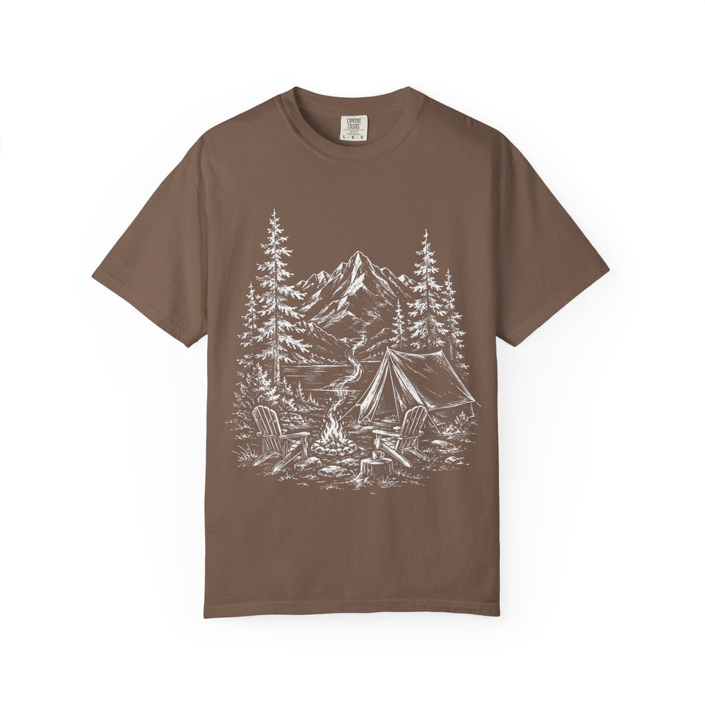 Campsite Sketch — Vintage Mountain Camp Scene Outdoor Tee