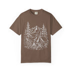 Campsite Sketch — Vintage Mountain Camp Scene Outdoor Tee