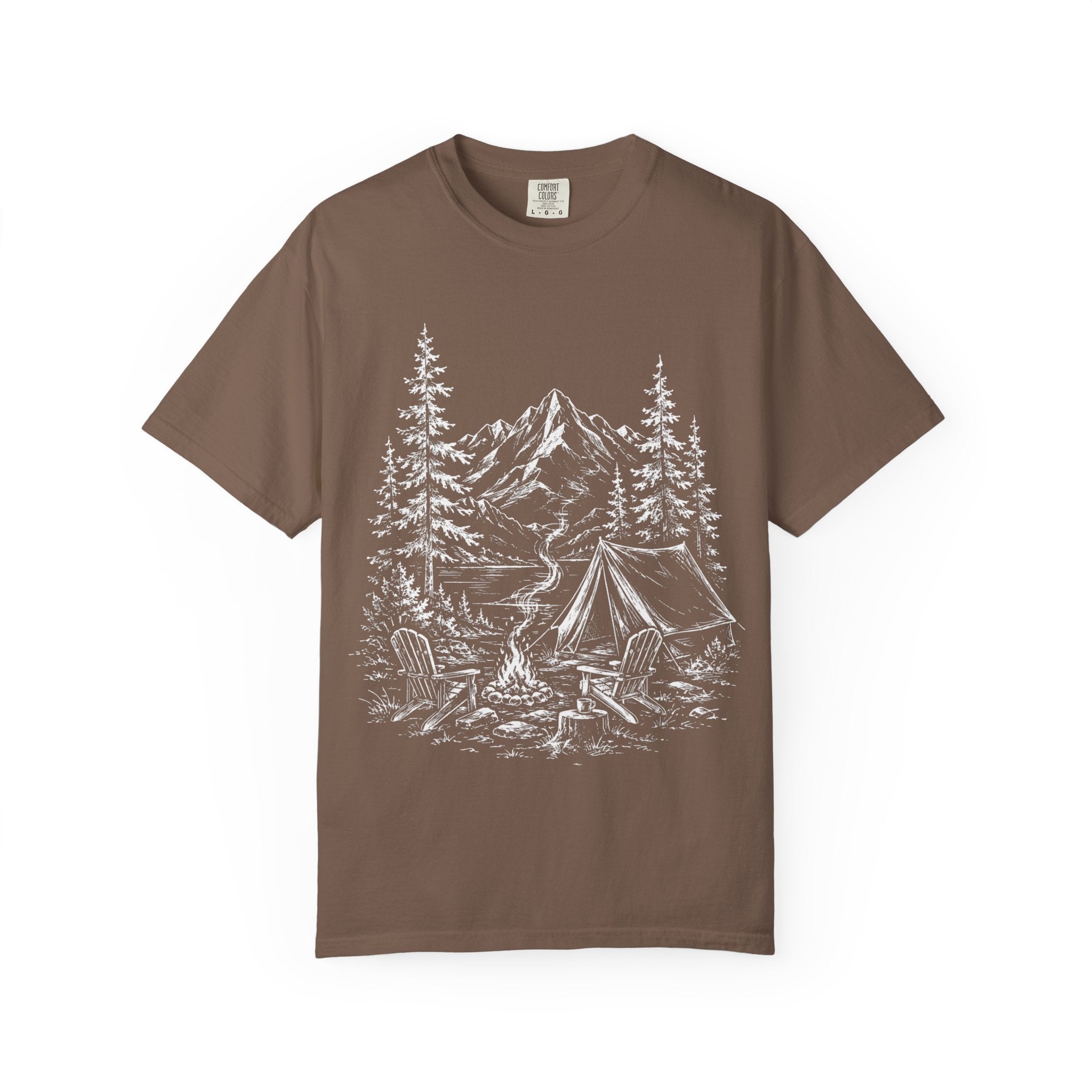 Campsite Sketch — Vintage Mountain Camp Scene Outdoor Tee