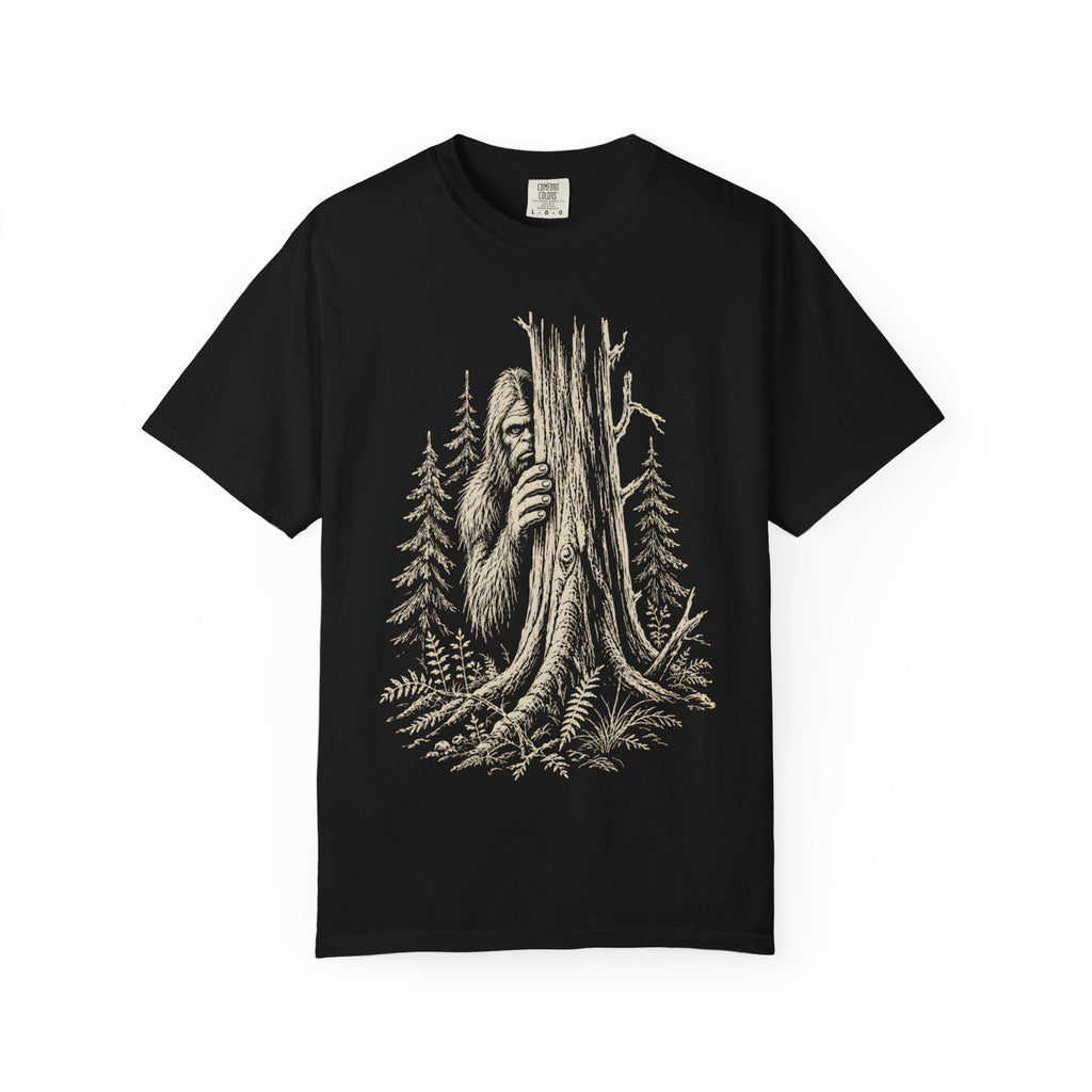 Bigfoot Hiding — Vintage Sasquatch Forest Sketch Tee