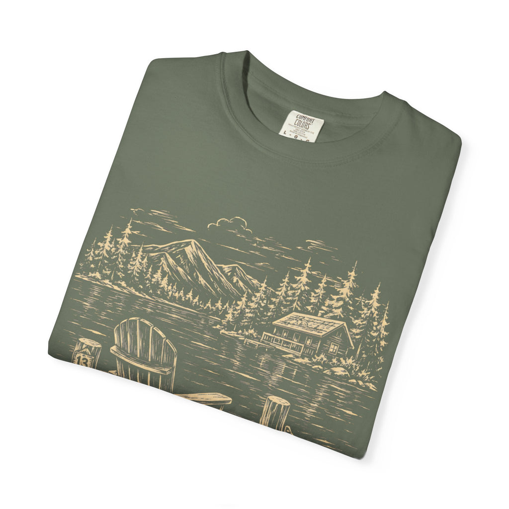 Lakeside Dock — Vintage Lake Cabin and Canoe Sketch Tee