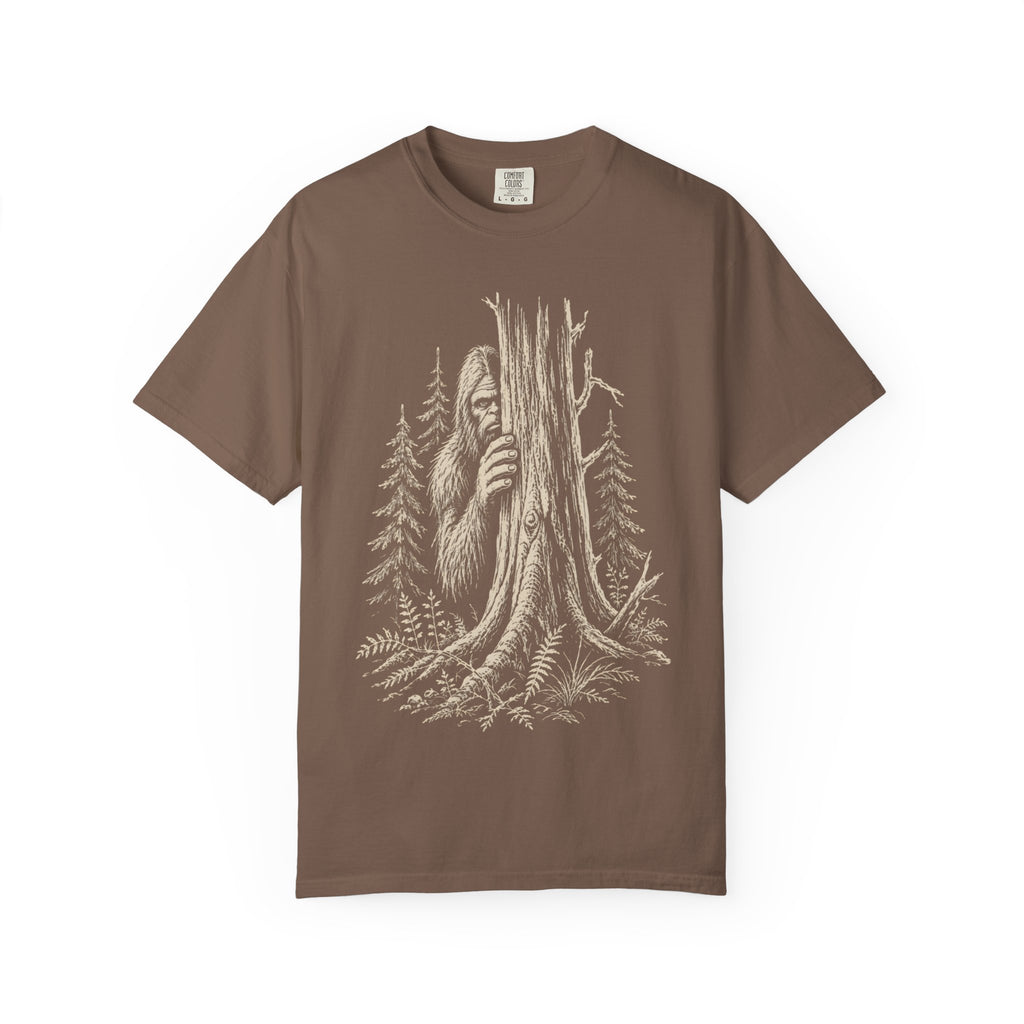 Bigfoot Hiding — Vintage Sasquatch Forest Sketch Tee