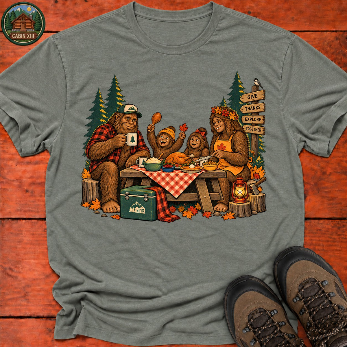 Bigfoot Family Thanksgiving T-Shirt — Heather Military Green