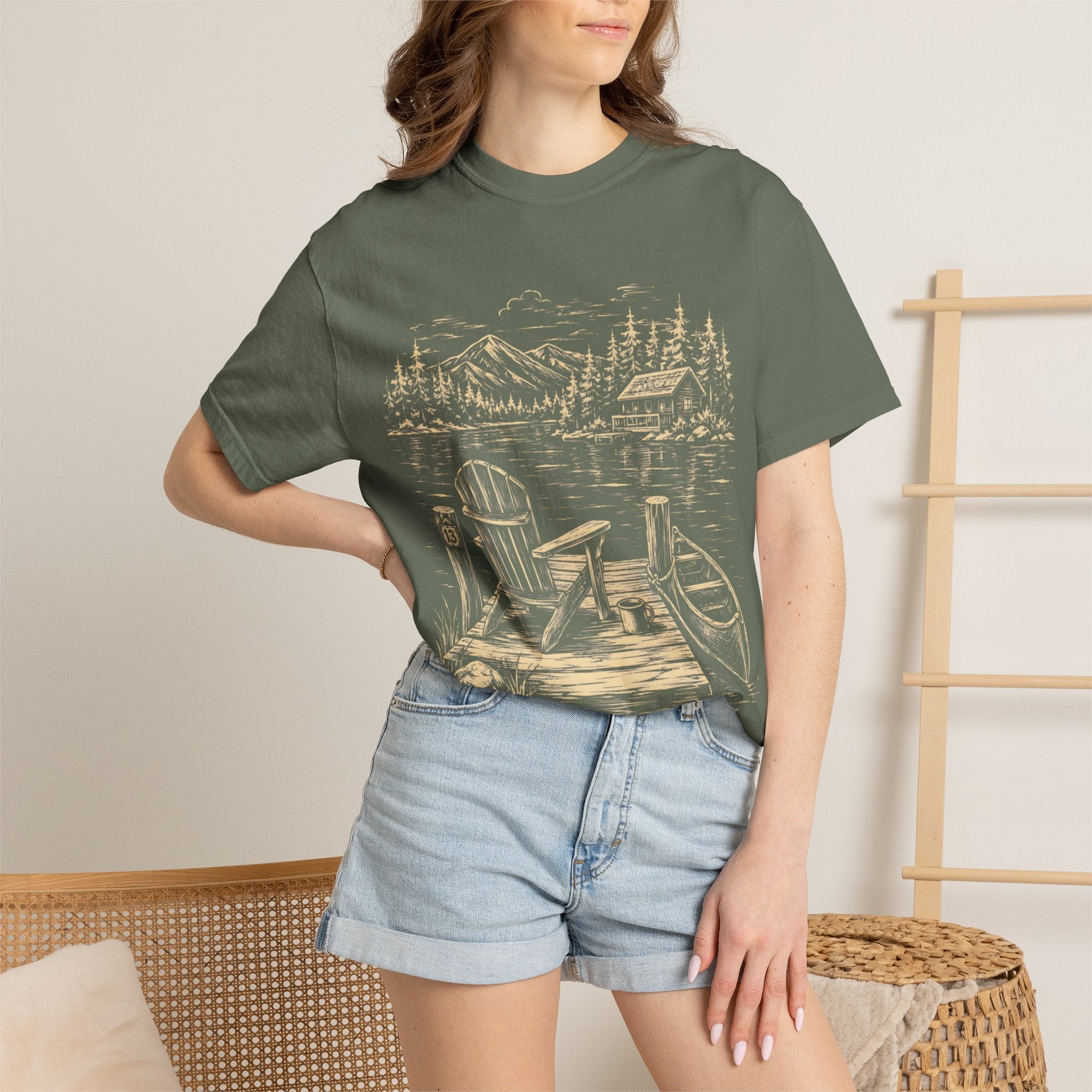 Lakeside Dock — Vintage Lake Cabin and Canoe Sketch Tee