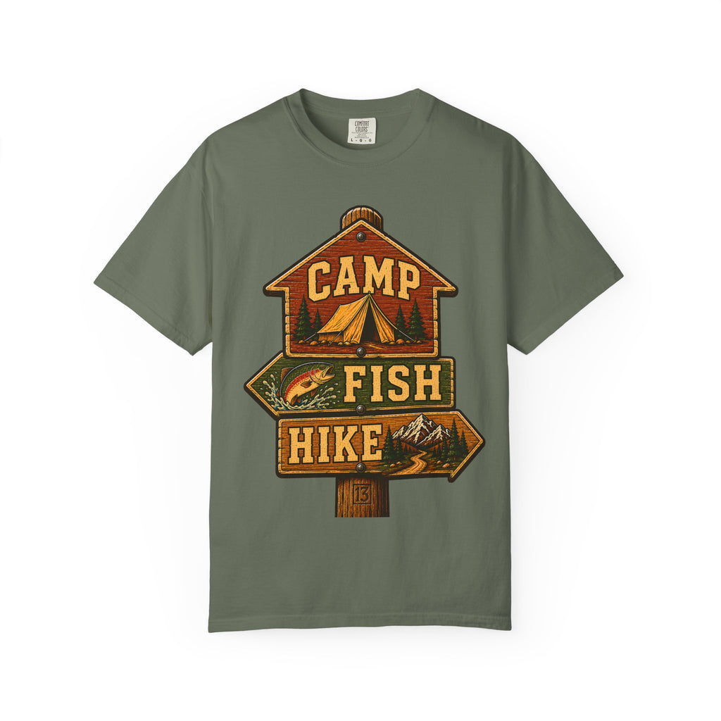 Camp Fish Hike — Vintage Trailhead Sign Outdoor Tee