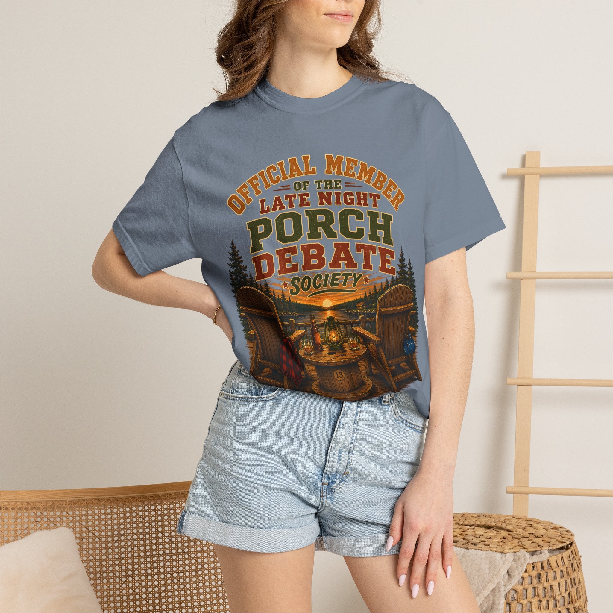 Late Night Porch Debate Society — Funny Lake Cabin Camping Tee
