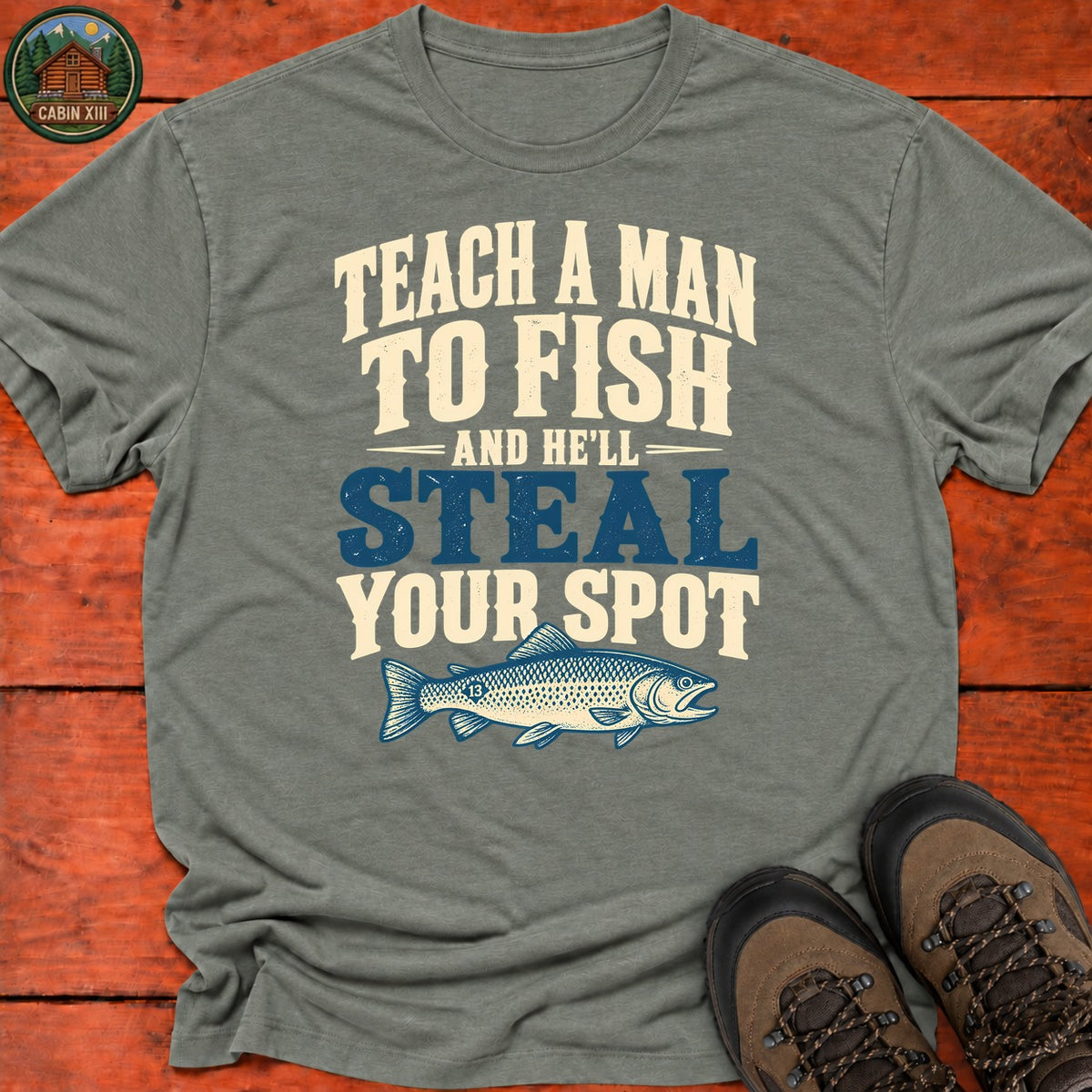 Teach A Man To Fish T-Shirt — Heather Military Green