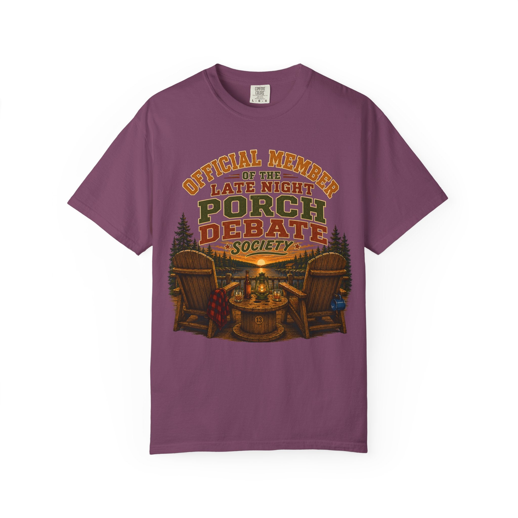 Late Night Porch Debate Society — Funny Lake Cabin Camping Tee