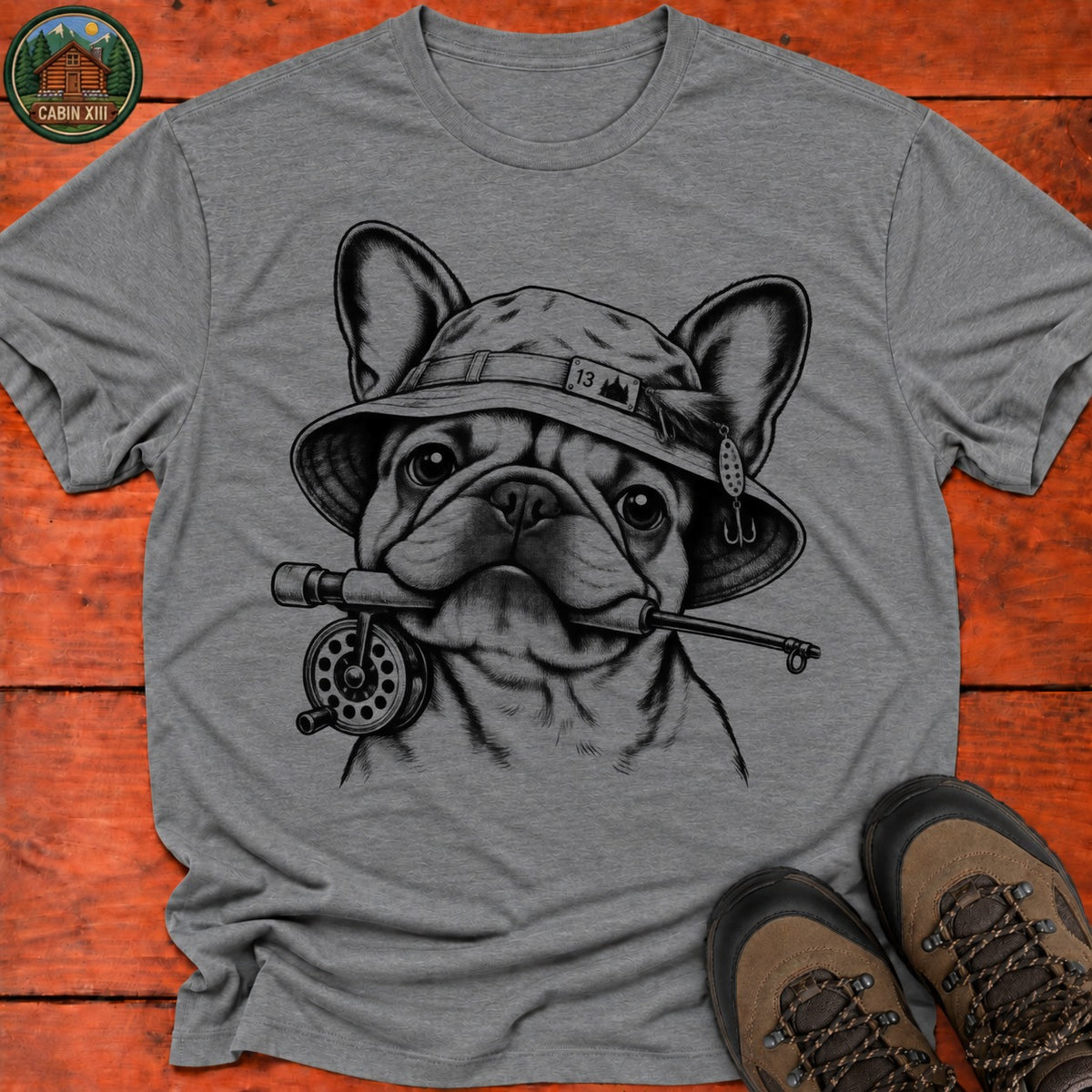Frenchie In Fishing Hat T-Shirt — Graphite Heather