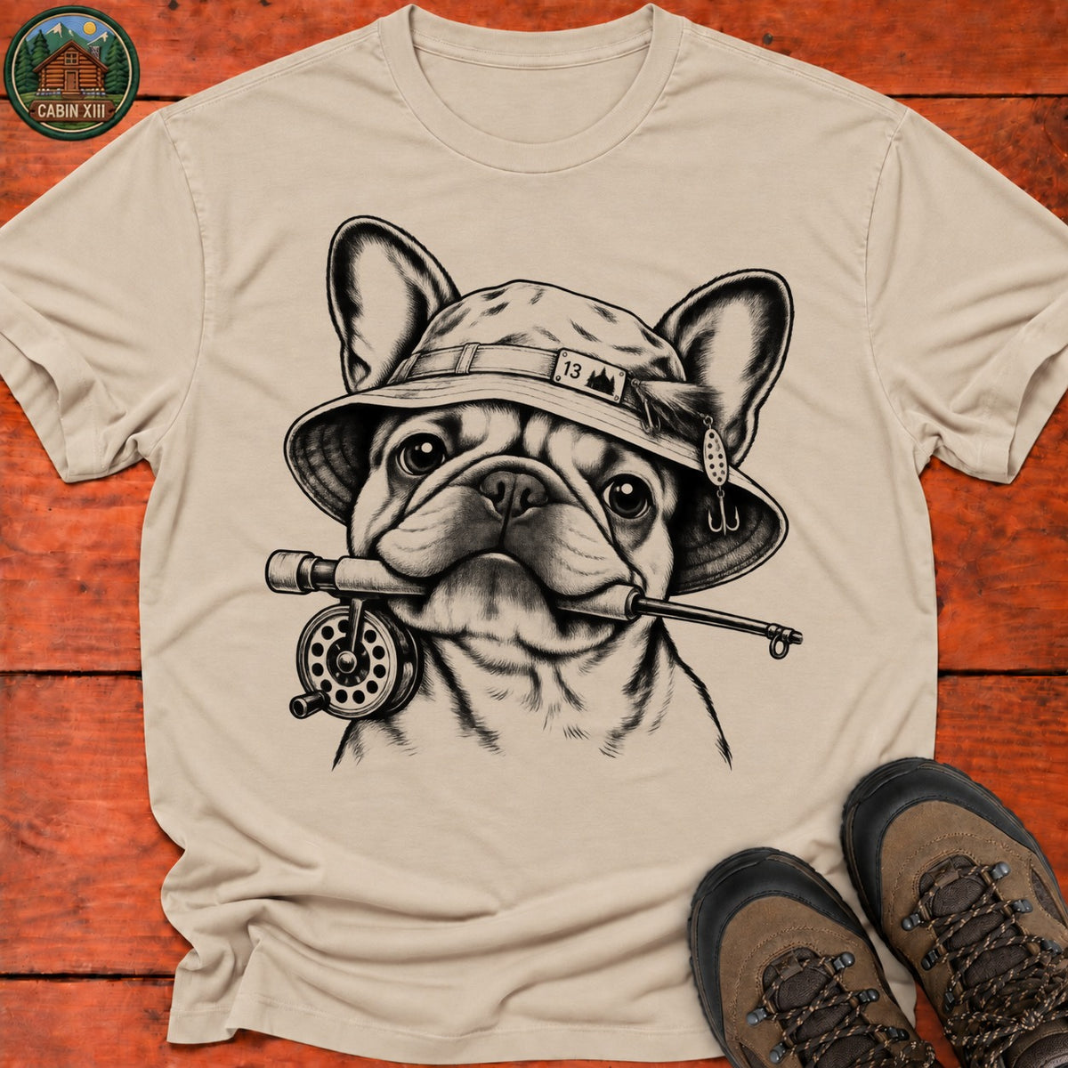 Frenchie In Fishing Hat T-Shirt — Sand